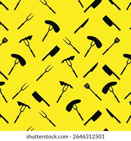 A vibrant, seamless pattern featuring black silhouettes of grilling tools and food items like sausages and corn on a bright yellow background, perfect for adding a touch of barbecue cheer.