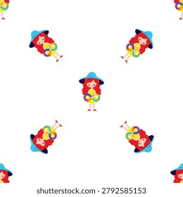 Vibrant seamless pattern featuring a cartoon girl with red hair and blue hat, holding a colorful neurodiversity infinity symbol. Ideal for autism, ADHD, and inclusion awareness campaigns, educational materials, or children's designs, conveying acceptance and support.