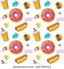 Vibrant seamless pattern featuring cheerful illustrations of donuts, hotdogs, burgers, and drinks, perfect for a fun and energetic design