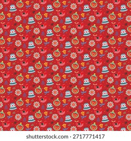Patrón vibrante sin fisuras con motivos de Navidades, campanas, corazones, flores, pájaros, sobre un rico fondo rojo. Ideal para textiles de vacaciones, papel de regalo, Fondos de pantalla y decoraciones festivas