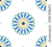 Vibrant seamless pattern featuring circular floral motifs in shades of blue, yellow, and green. Clean design, modern, repetitive, ideal for textile prints or decorative backgrounds.