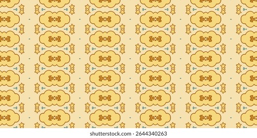 Vibrant seamless pattern featuring cloud and razor shapes in bold yellow and brown hues. Accented by playful stars and small bell icons, ideal for bold print applications.
