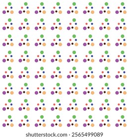 A vibrant seamless pattern featuring colorful circular dots in green, blue, pink, and beige shades arranged geometrically on a bright yellow background, perfect for fabric, wallpaper, and decorative d