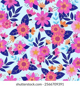 vibrant seamless pattern featuring colorful flowers and leaves in shades of pink, blue, and orange, creating a lively and cheerful botanical design perfect for textiles and wallpapers