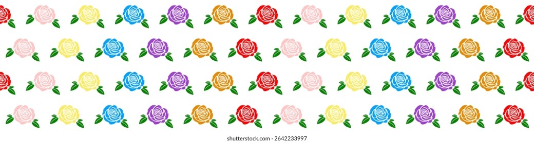 Vibrant seamless pattern featuring colorful roses. Ideal for cheerful and decorative designs. Perfect for backgrounds, textiles, stationery, and projects needing a lively floral touch.