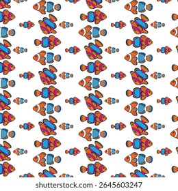 A vibrant seamless pattern featuring colorful clownfish in orange, blue, and pink tones, perfect for aquatic-themed designs and decor.