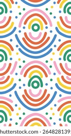 A vibrant, seamless pattern featuring colorful abstract shapes and dots. The design incorporates playful curves and circles in bright hues of green, yellow, orange, pink, and blue a white background.