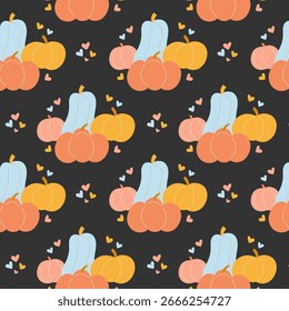 Patrón vibrante sin fisuras con calabazas de colores, ideal para la decoración de Acción de Gracias, telas florales, tarjetas de felicitación y proyectos festivos de otoño.
