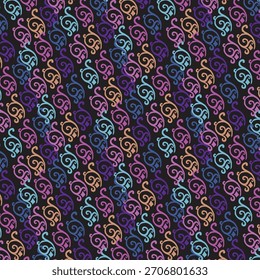 A vibrant seamless pattern featuring colorful abstract swirl motifs arranged in a diagonal layout on a dark background. Perfect for fabric printing, wallpapers, stationery, packaging, textile patterns