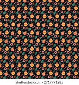Um padrão contínuo vibrante com ornamentos de Natal coloridos, bengalas doces, folhas de pinho e azevinho definido contra um fundo preto. Ideal para embalagens de férias, têxteis, papel de embalagem, 