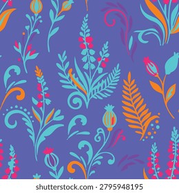 Vibrant seamless pattern featuring colorful folk art style flowers, wild herb and orange ferns over a bright violet background. Vibrant textile design
