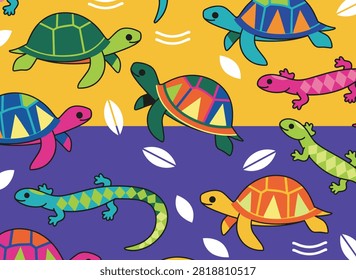 Vibrant seamless pattern featuring cute colorful cartoon turtles and lizards crawling on a yellow and purple background.