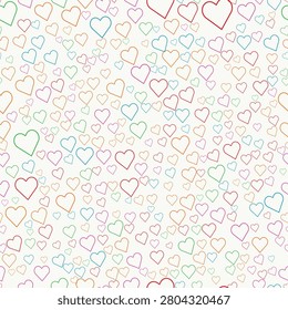A vibrant seamless pattern featuring a dense collection of diverse colorful heart outlines on a light background