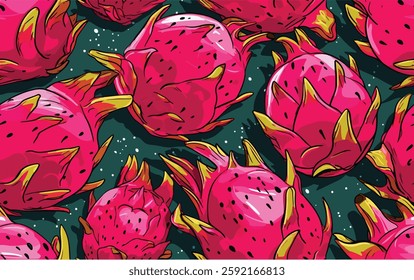 A vibrant seamless pattern featuring dragon fruits with striking pink skin and yellow-green spiky accents.