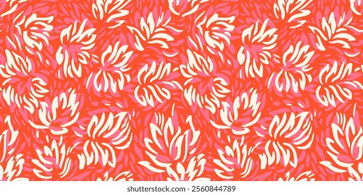 Vibrant seamless pattern featuring dynamic abstract floral shapes in bold red, pink, and white, orange tones. Perfect for print design textiles, wrapping paper, contemporary decorative projects