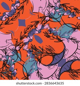 Vibrant seamless pattern featuring Eden Valley bell heather blooms, branches, and abstract brush strokes on an orange background for textile design.