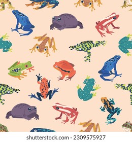 Vibrant Seamless Pattern Featuring Exotic Frogs In Variety Colors, Patterns And Poses. Playful Tile Background