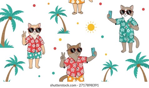 Vibrante patrón transparente con gatos de moda en coloridos trajes de verano con gafas de sol y cócteles entre palmeras y soles.