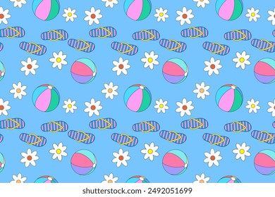 A vibrant seamless pattern featuring flip-flops, beach balls, and daisies. Perfect for summer-themed designs and projects.