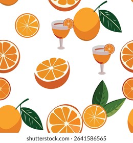 A vibrant seamless pattern featuring fresh orange fruits and green leaves. Perfect for summer-themed packaging, textile prints, wallpapers, and digital backgrounds. High-quality vector illustration 