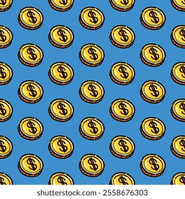 A vibrant seamless pattern featuring golden coins with dollar symbols, set on a bright blue background. Perfect for financial, commerce, or playful design themes.