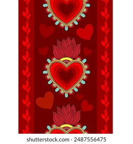 A vibrant seamless pattern featuring gometric red hearts on  dark red background. Perfect for Valentine's Day designs, romantic themes, and bold textile patterns. High-resolution vector 