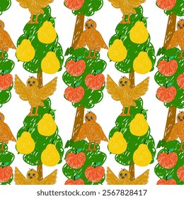 Vibrant seamless pattern featuring hand-drawn orchard trees, colorful apples, pears, and cheerful birds.