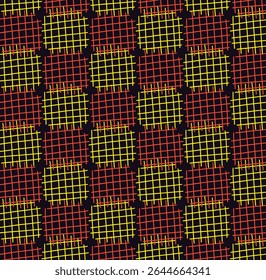 A vibrant seamless pattern featuring a hand-drawn checkered grid design. Alternating squares of yellow and red lines create a tactile, woven-like texture on a dark background