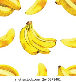  Vibrant seamless pattern featuring hand-painted watercolor bananas and bunches on a clean white background. Fresh and tropical design.