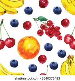 Vibrant seamless pattern featuring hand-painted watercolor bananas, blueberries, cherries, red currants, and an orange on a white background. Fresh and colorful fruit mix.