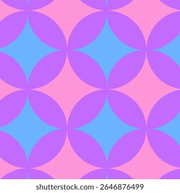 
Um padrão contínuo vibrante com círculos em interseção em uma impressionante paleta de cores rosa, roxo e azul claro. Perfeito para fundos, têxteis, moda, embalagem, arte digital ou web design