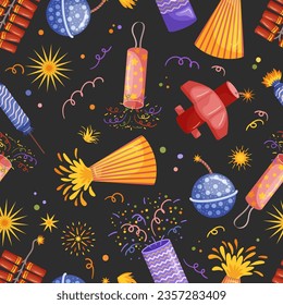 Vibrant Seamless Pattern Featuring Intricate Pyrotechnic Design, Radiating Bursts Of Color And Light. Perfect For Adding Dynamic And Celebratory Touch To Various Projects. Cartoon Vector Illustration