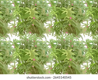 A vibrant seamless pattern featuring lush green foliage with scattered small pink flowers on a black background. The hand-drawn vector-style design evokes a tropical, botanical feel, ideal for fabric