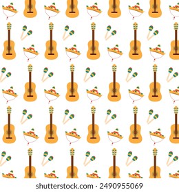 A vibrant seamless pattern featuring a mexican musical instruments and sombrero. Music concept. Graphic design for fabric, wrapping, textile, wallpaper, apparel. Vector illustration in flat style