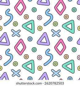 Vibrant seamless pattern featuring naive cartoon colorful abstract geometric shapes like triangles, rings, rhombuses, and wave lines on a white background. Ideal for children or women items, nursery.