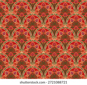 Un patrón vibrante sin fisuras con adornos florales en forma de abanico inspirados en el arte tradicional folclórico y ornamental.Diseñado con ricos tonos rojos, naranjas, verdes y rosados, este elegante patrón es perfecto para impresiones textiles y de tela, moda étnica, Fondos de pantalla, decoración del hogar, papel de regalo, embalaje y proyectos de diseño cultural.