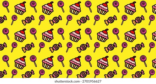 A vibrant seamless pattern featuring pixel art cupcakes, lollipops, and sweet candies on a bright yellow background. Fun retro 8-bit style dessert illustration	