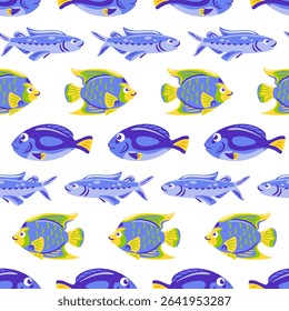 Vibrant seamless pattern featuring Queen Angelfish and Blue Surgeonfish in a tropical underwater scene. Perfect for textiles, wallpapers, and designs