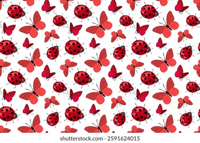 Vibrant seamless pattern featuring red ladybugs and butterflies with black spots on a white background representing nature s beauty