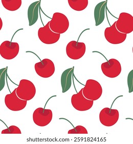 Vibrant Seamless Pattern Featuring Red Cherries With Green Leaves on White Background. Bright and colorful seamless design of red cherries on a white surface, emphasizing freshness and summer vibes.