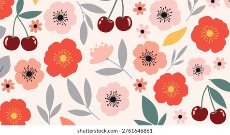 Vibrant seamless pattern featuring red and pink flowers with grey leaves and dark red cherries on a light cream background.