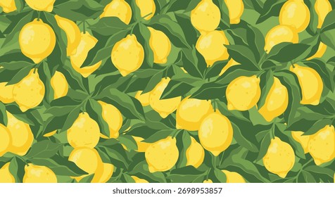 Um padrão contínuo vibrante com limões amarelos maduros aninhados entre exuberantes folhas e ramos verdes.