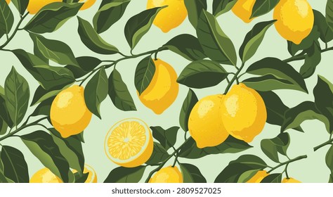 A vibrant, seamless pattern featuring ripe yellow lemons and lush green leaves on branches, set against a light green background.