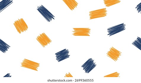 Um padrão contínuo vibrante com retângulos riscados à mão estirados dispersos em tons de azul escuro e laranja contrastantes em um fundo branco limpo.