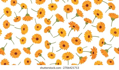 Un patrón vibrante sin fisuras con flores de caléndula de color naranja dispersas y sus subgrupos verdes sobre un fondo blanco limpio, ideal para varios proyectos de diseño.