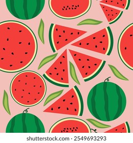 A vibrant seamless pattern featuring slices, whole watermelons, and seeds in playful arrangements