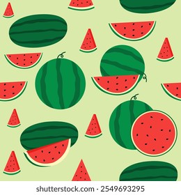 A vibrant seamless pattern featuring slices, whole watermelons, and seeds in playful arrangements