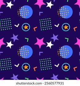 Vibrant seamless pattern featuring stars, circles, dots, and geometric shapes on a dark background.