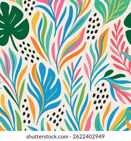 Vibrant seamless pattern featuring stylized leaves and abstract shapes in bright pink, orange, yellow, green, teal, and blue with black dots on a light background. Modern, colorful, energetic design
