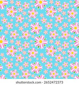 A vibrant seamless pattern featuring stylized pink flowers with yellow centers scattered across a bright blue background
